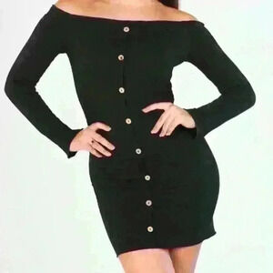 NWT - Black Front Button Stretch Black Long Sleeve Mini Dress - Size Small